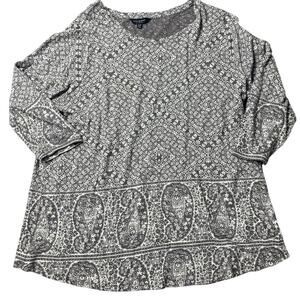 Lucky Brand 1X Boho Paisley Medallion Long Sleeve Top Gray Ivory Plus